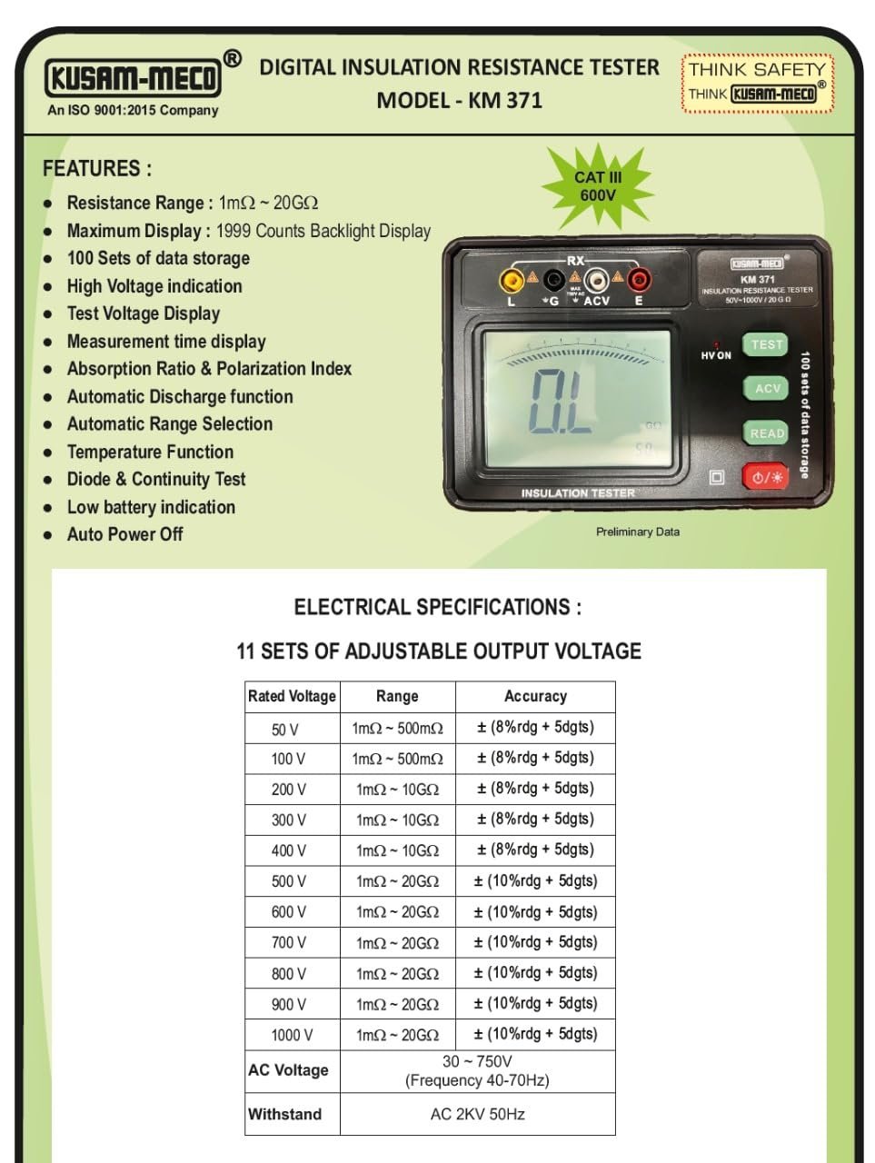KUSAM-MECO KM-371 DIGITAL INSULATION RESISTANCE TESTER