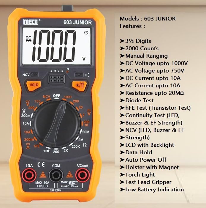 MECO 603 JUNIOR 3-1/2 DIGITS 2000 COUNTS MANUAL RANGING DIGITAL MULTIMETER