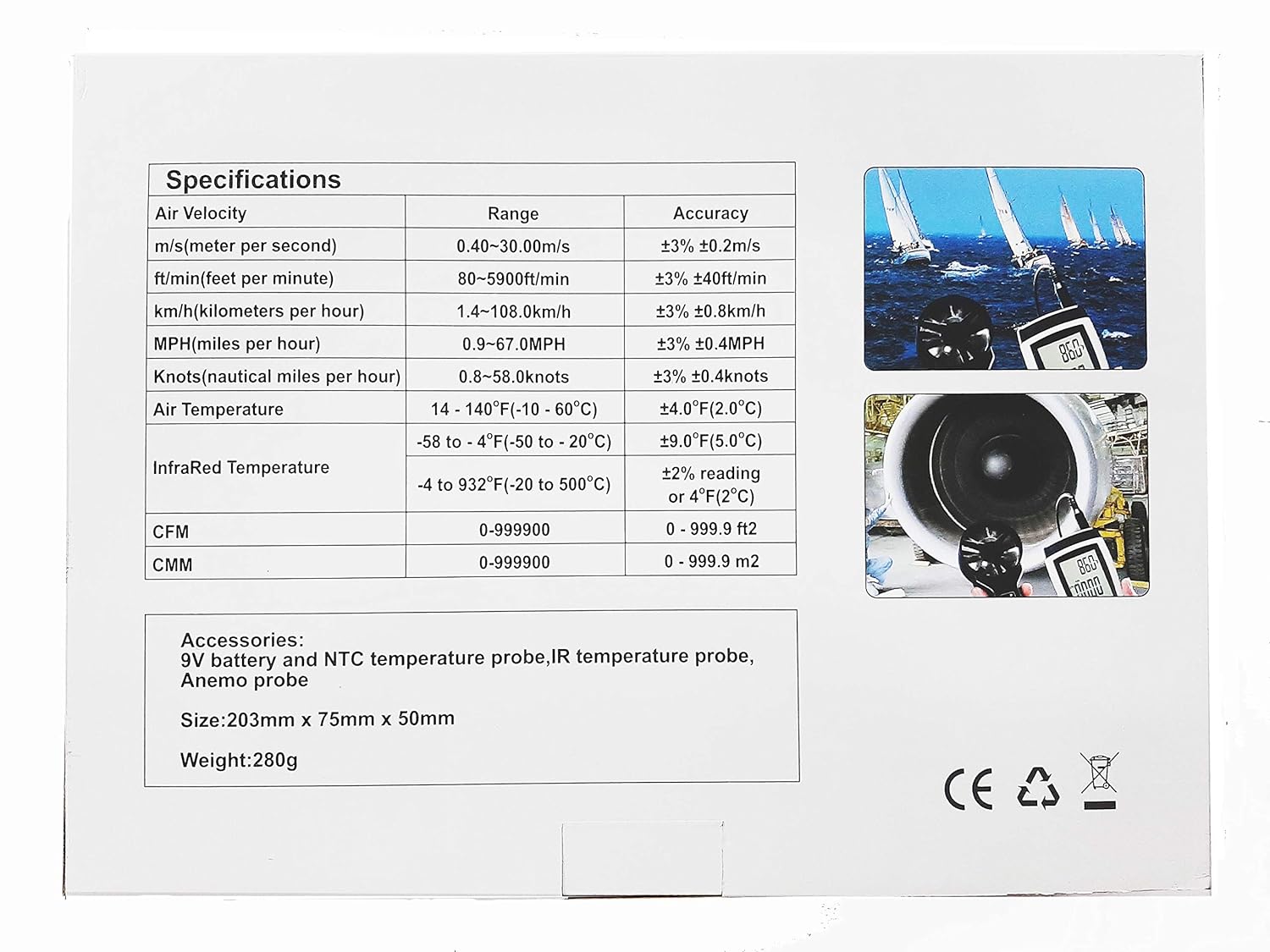 Metravi AVM-08 Thermo-Anemometer with CFM/CMM and built-in Infrared Thermometer