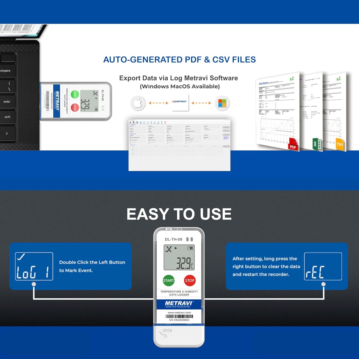 METRAVI DL-TH-09 Temperature and Humidity Data Logger with External Sensor
