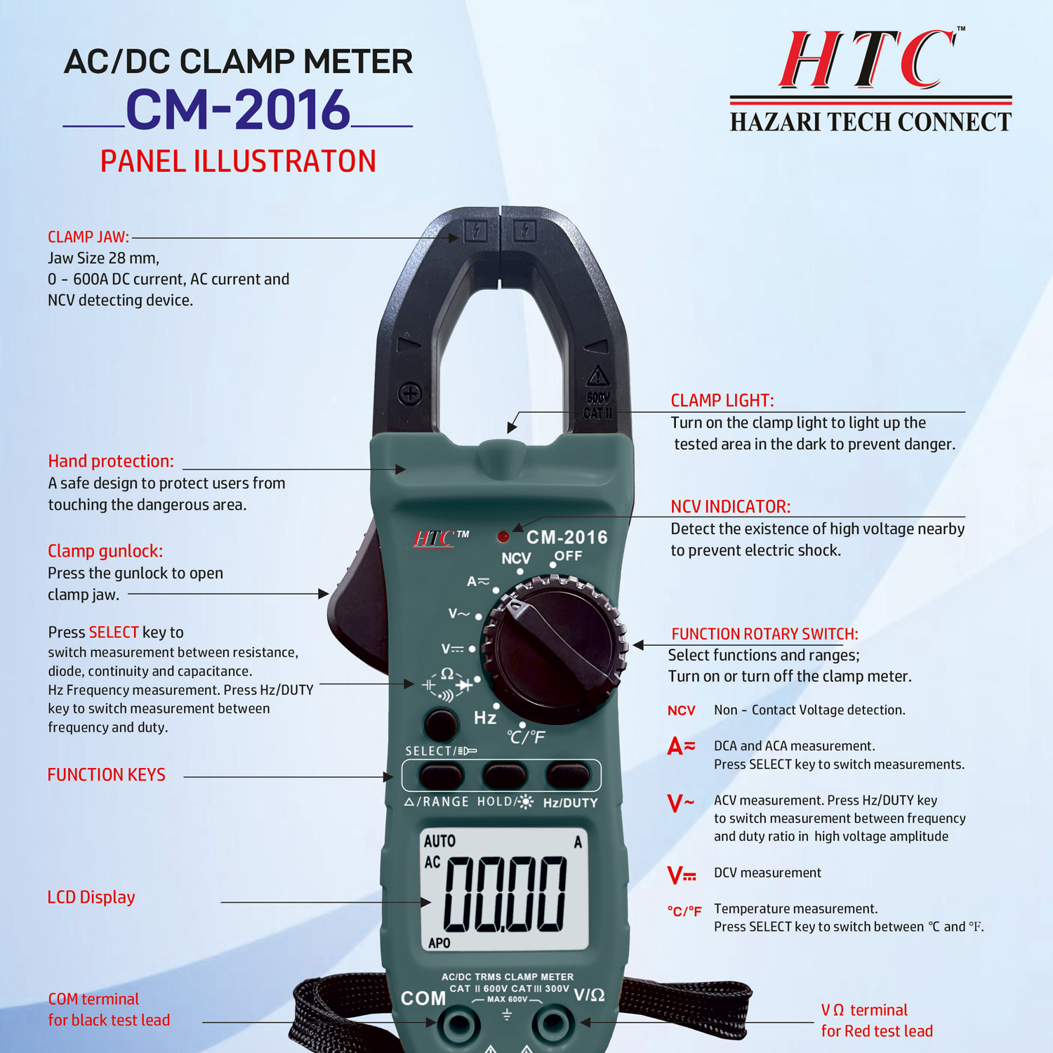 HTC-CM-2016-AC| DC 600A  DIGITAL CLAMP METER