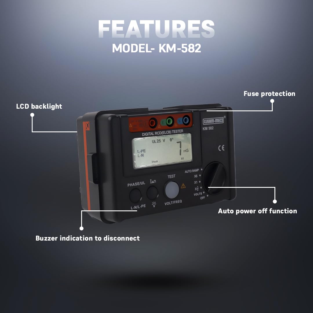 Kusam Meco KM 582 Digital RCD (ELCB) Tester with Auto Ramp
