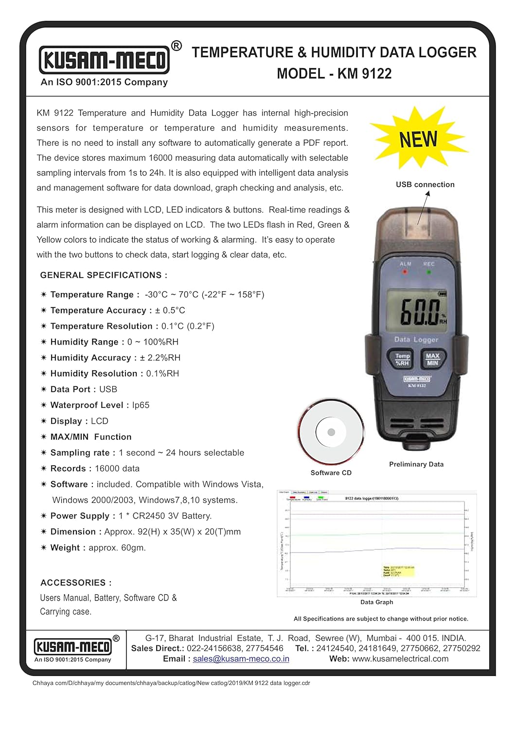 Kusam Meco KM 9122 Temperature & Humidity Data Logger