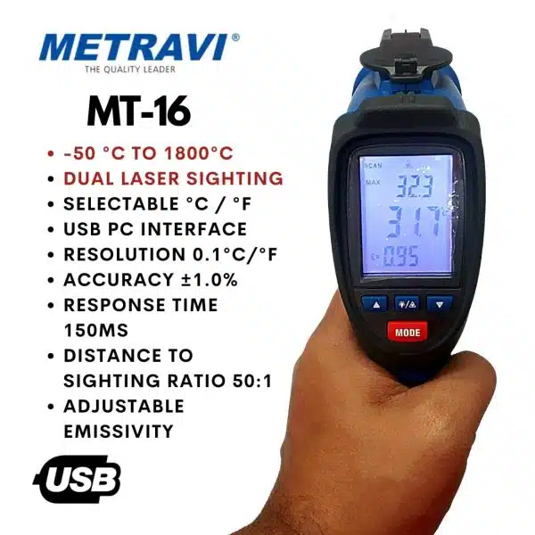 Metravi MT-16 Non-contact cum Contact Dual Laser Infrared Industrial Thermometer