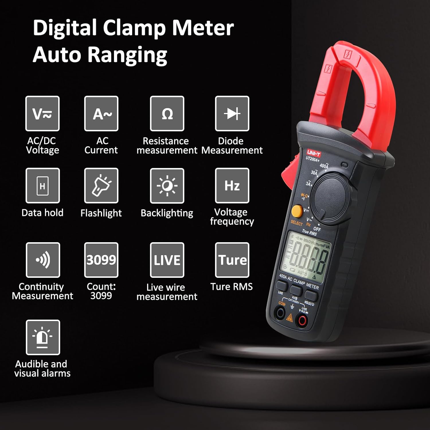 UNI-T UT200A+ True RMS Auto Ranging Clamp Multimeter with Live Wire Detection for AC/DC Voltage